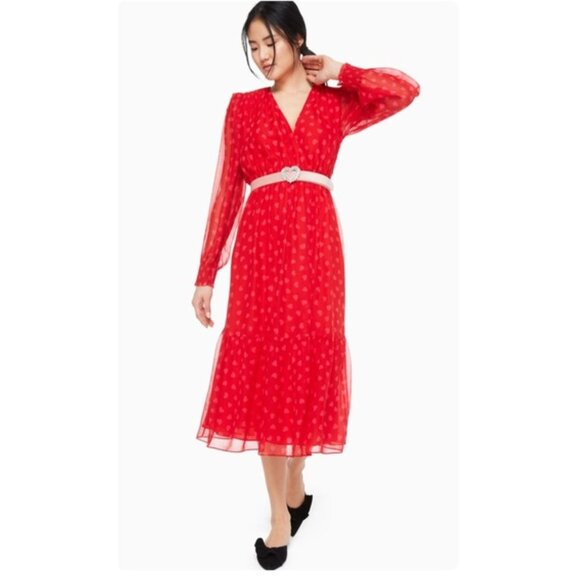 Kate Spade Heartbeat Midi Dress Silk Chiffon Red Pink Long Sleeve Size 2 Party - Picture 1 of 16